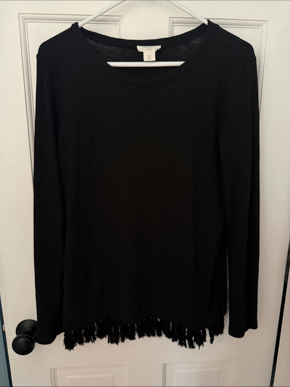 LOFT Black Long-Sleeve Fringe Hem Top